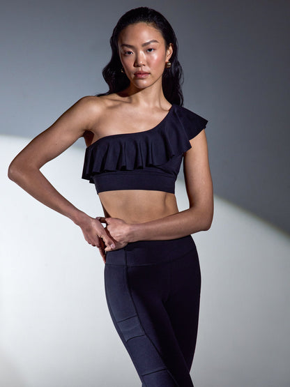 Carbon38 Ruffle One Shoulder Bra in Diamond Compression - Black