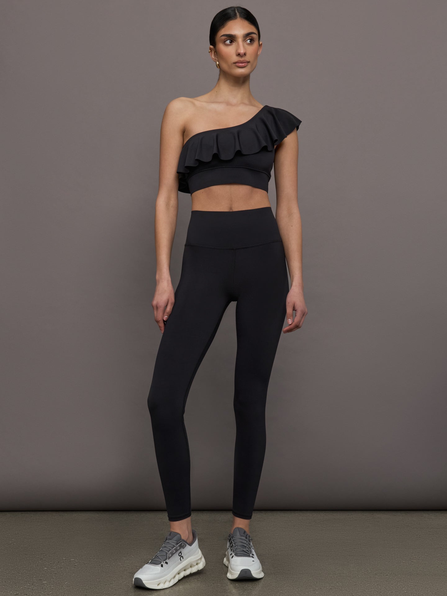 Carbon38 Ruffle One Shoulder Bra in Diamond Compression - Black
