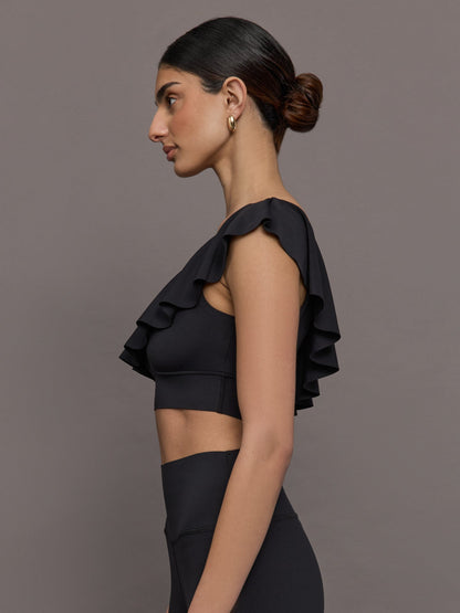 Carbon38 Ruffle One Shoulder Bra in Diamond Compression - Black