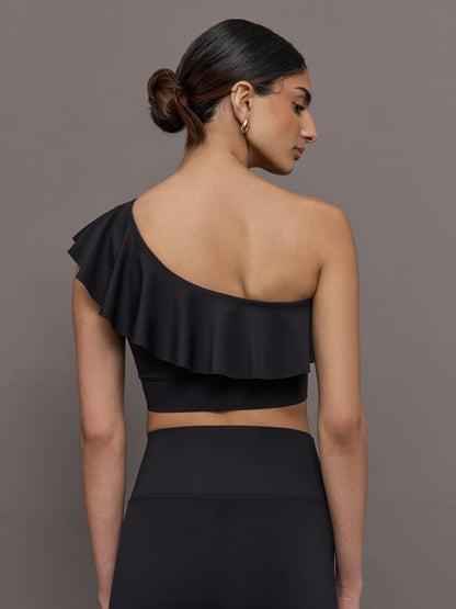 Carbon38 Ruffle One Shoulder Bra in Diamond Compression - Black