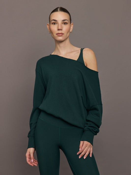 Carbon38 Off Shoulder Sweatshirt in French Terry - Forest