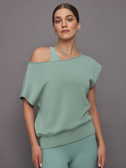 Carbon38 Short Sleeve Off Shoulder Sweatshirt in French Terry - Granite Green