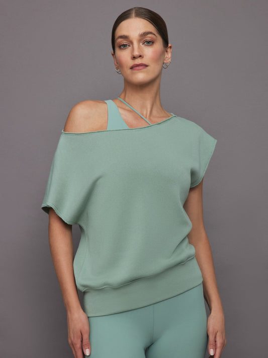 Carbon38 Short Sleeve Off Shoulder Sweatshirt in French Terry - Granite Green