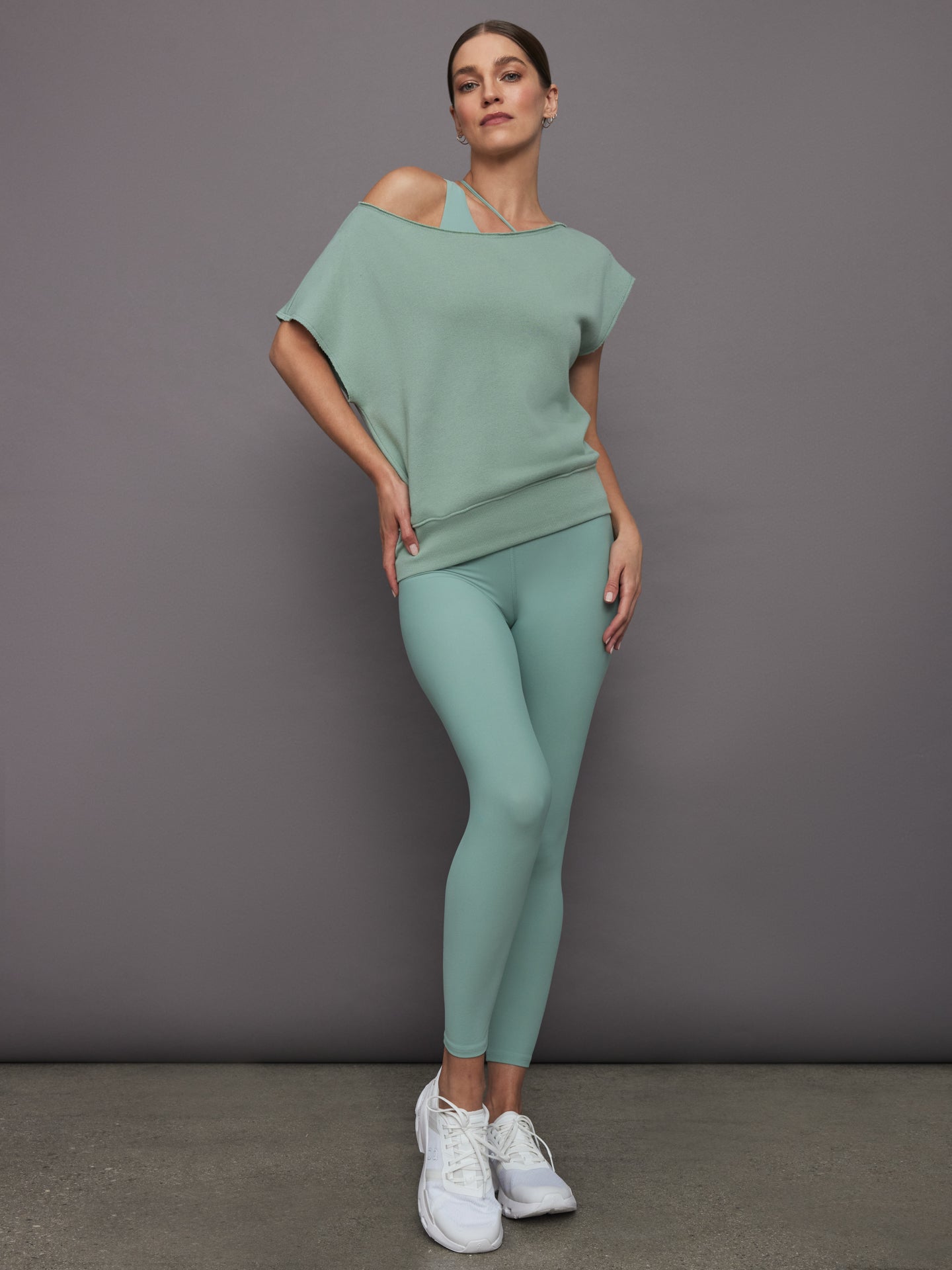 Carbon38 Short Sleeve Off Shoulder Sweatshirt in French Terry - Granite Green