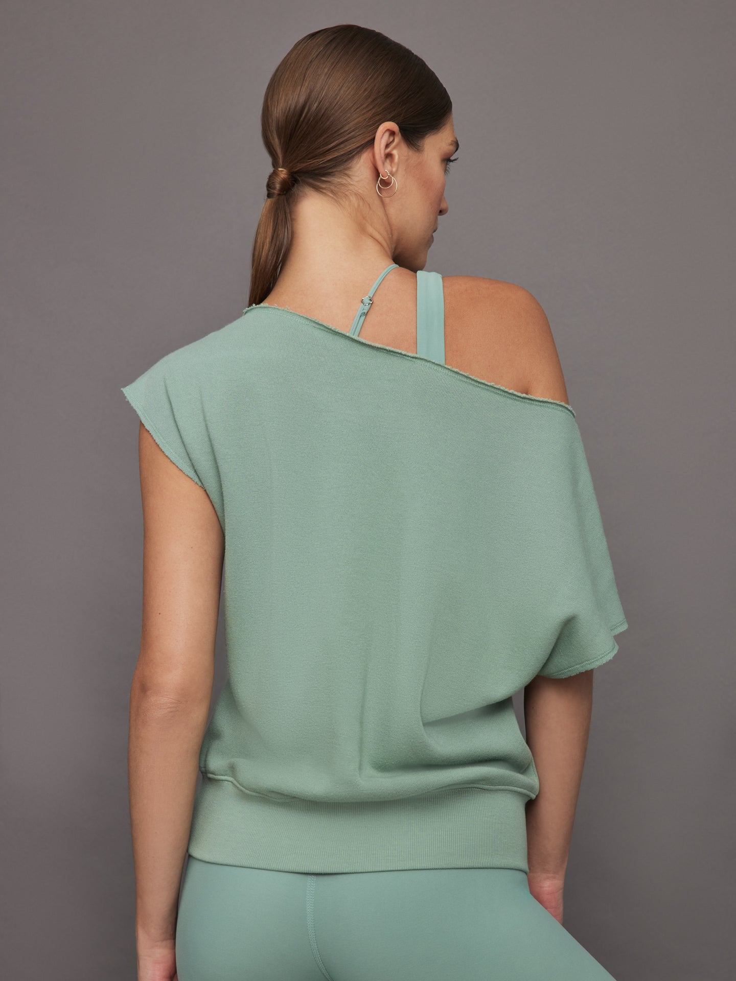 Carbon38 Short Sleeve Off Shoulder Sweatshirt in French Terry - Granite Green