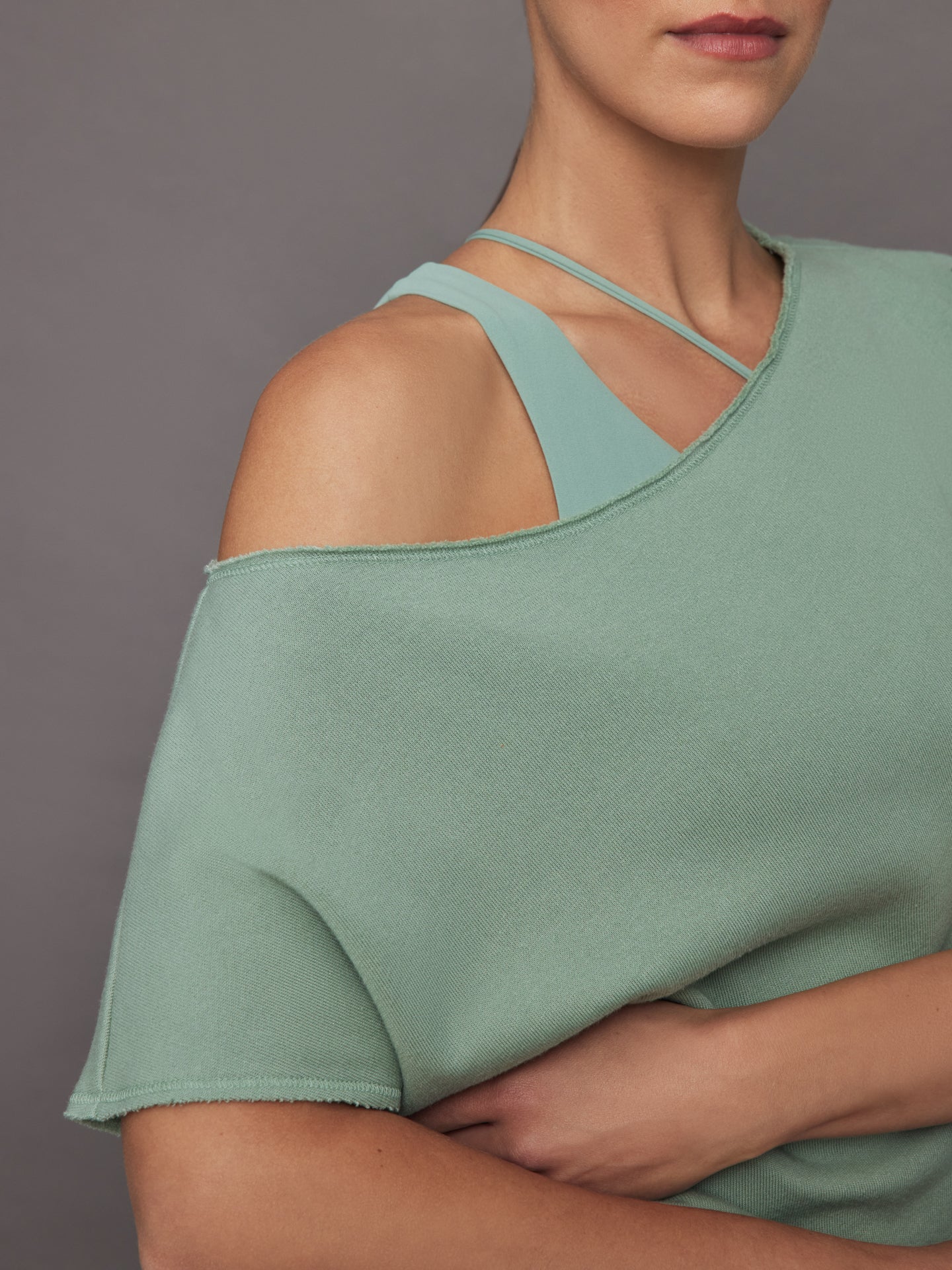 Carbon38 Short Sleeve Off Shoulder Sweatshirt in French Terry - Granite Green