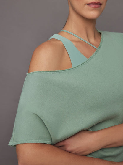 Carbon38 Short Sleeve Off Shoulder Sweatshirt in French Terry - Granite Green