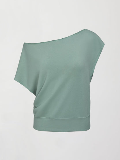 Carbon38 Short Sleeve Off Shoulder Sweatshirt in French Terry - Granite Green