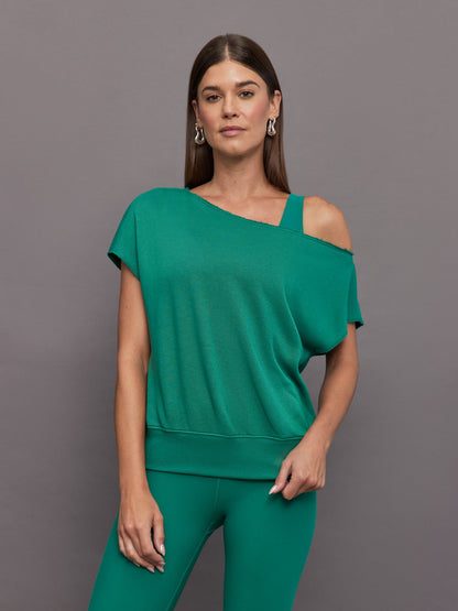 Carbon38 Short Sleeve Off Shoulder Sweatshirt in French Terry - Malachite