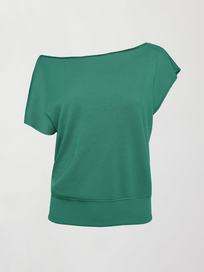Carbon38 Short Sleeve Off Shoulder Sweatshirt in French Terry - Malachite
