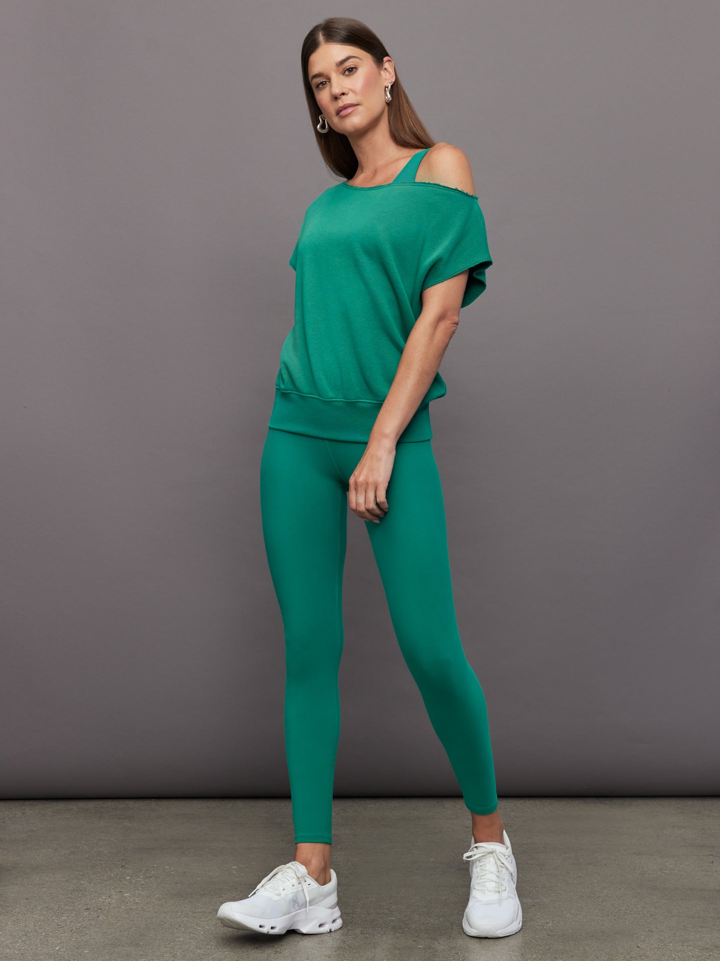 Carbon38 Short Sleeve Off Shoulder Sweatshirt in French Terry - Malachite