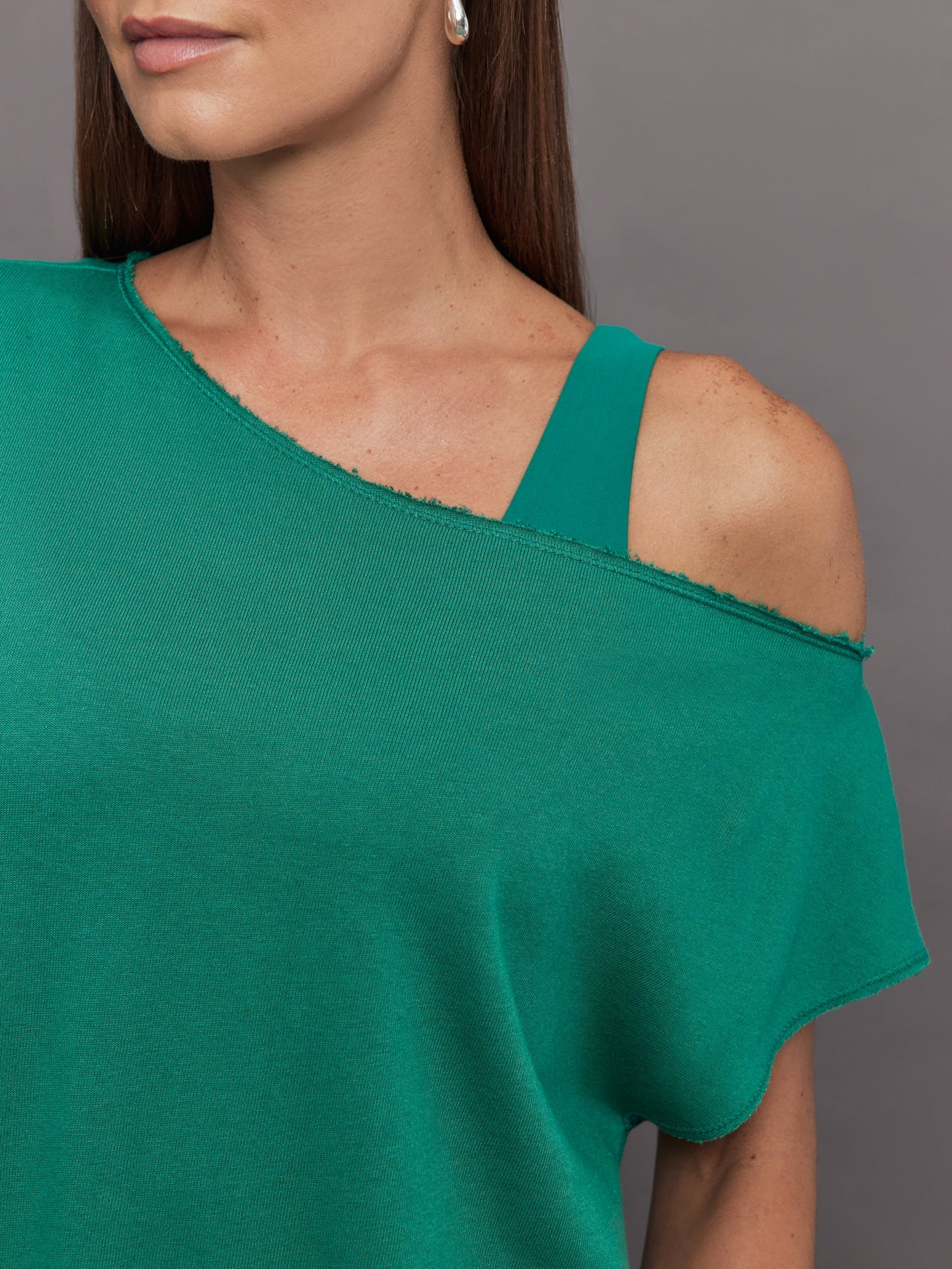 Carbon38 Short Sleeve Off Shoulder Sweatshirt in French Terry - Malachite