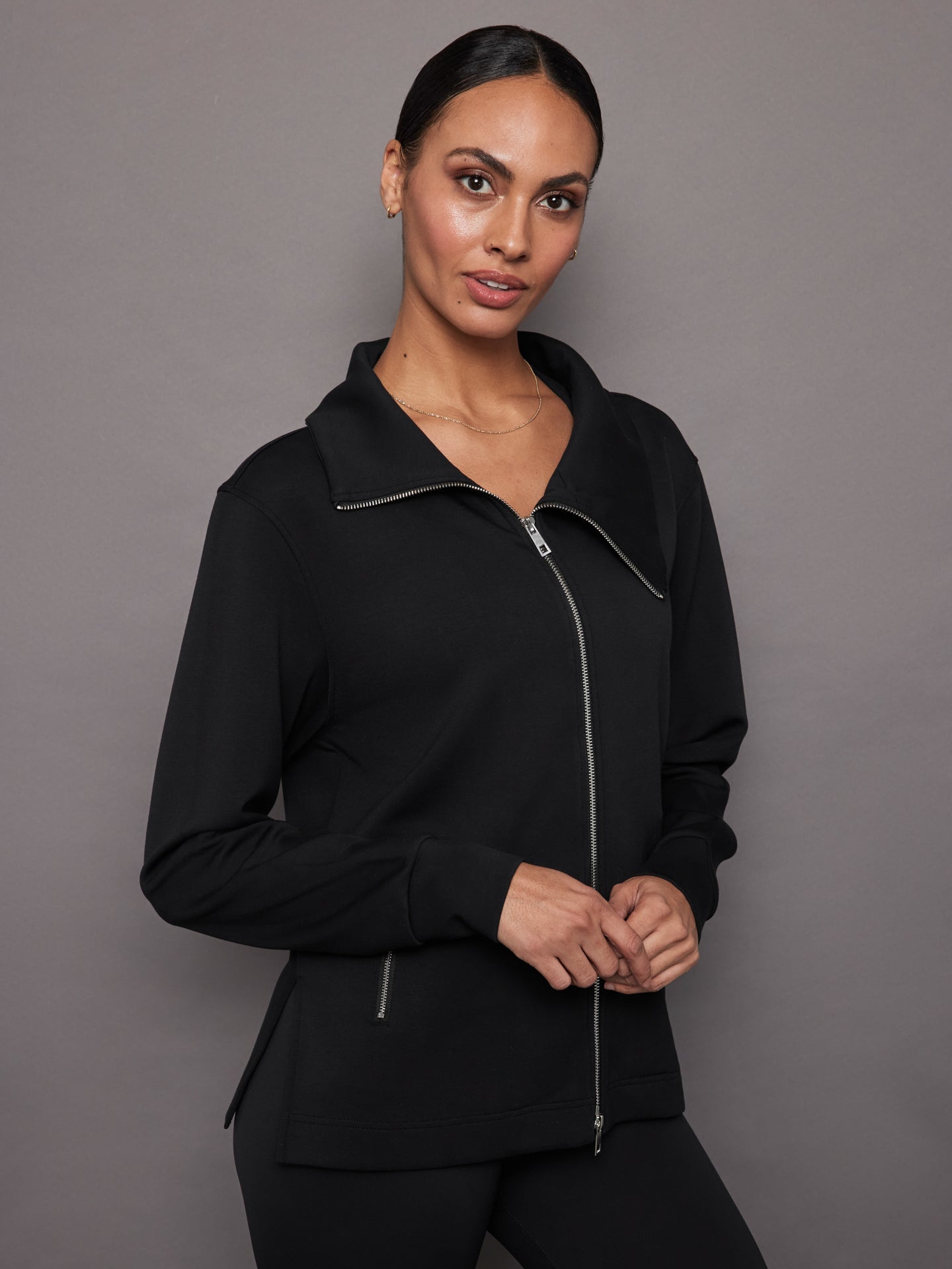 Carbon38 Knit Jacket with Asymmetrical Zip in Interlock - Black