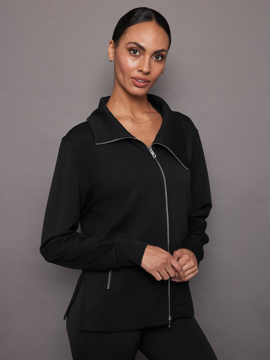 Carbon38 Knit Jacket with Asymmetrical Zip in Interlock - Black