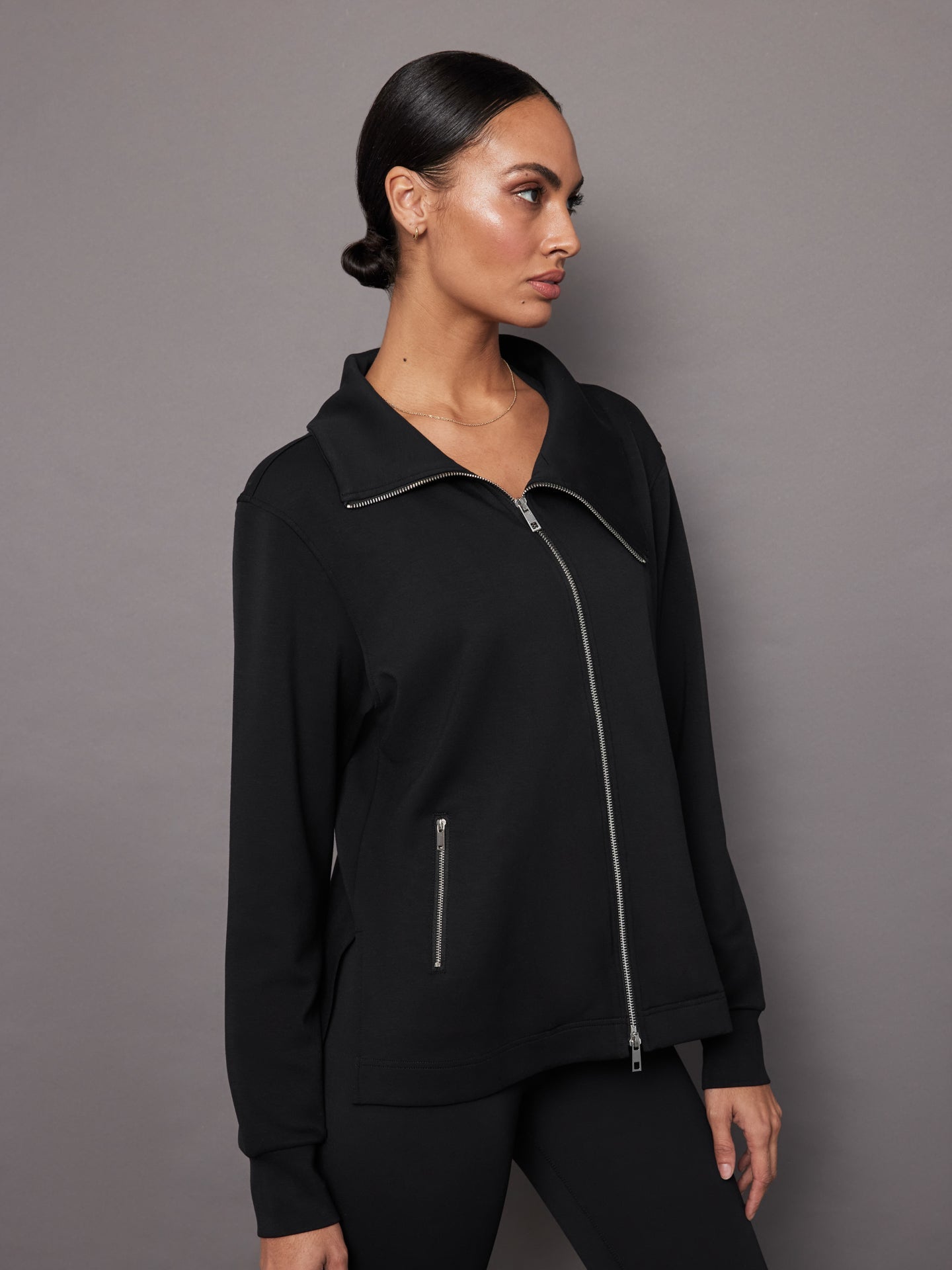 Carbon38 Knit Jacket with Asymmetrical Zip in Interlock - Black