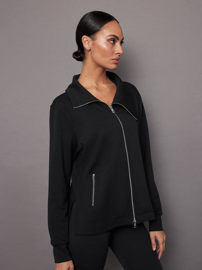 Carbon38 Knit Jacket with Asymmetrical Zip in Interlock - Black