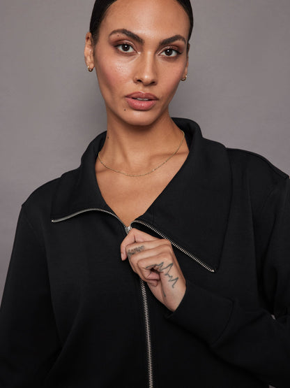 Carbon38 Knit Jacket with Asymmetrical Zip in Interlock - Black
