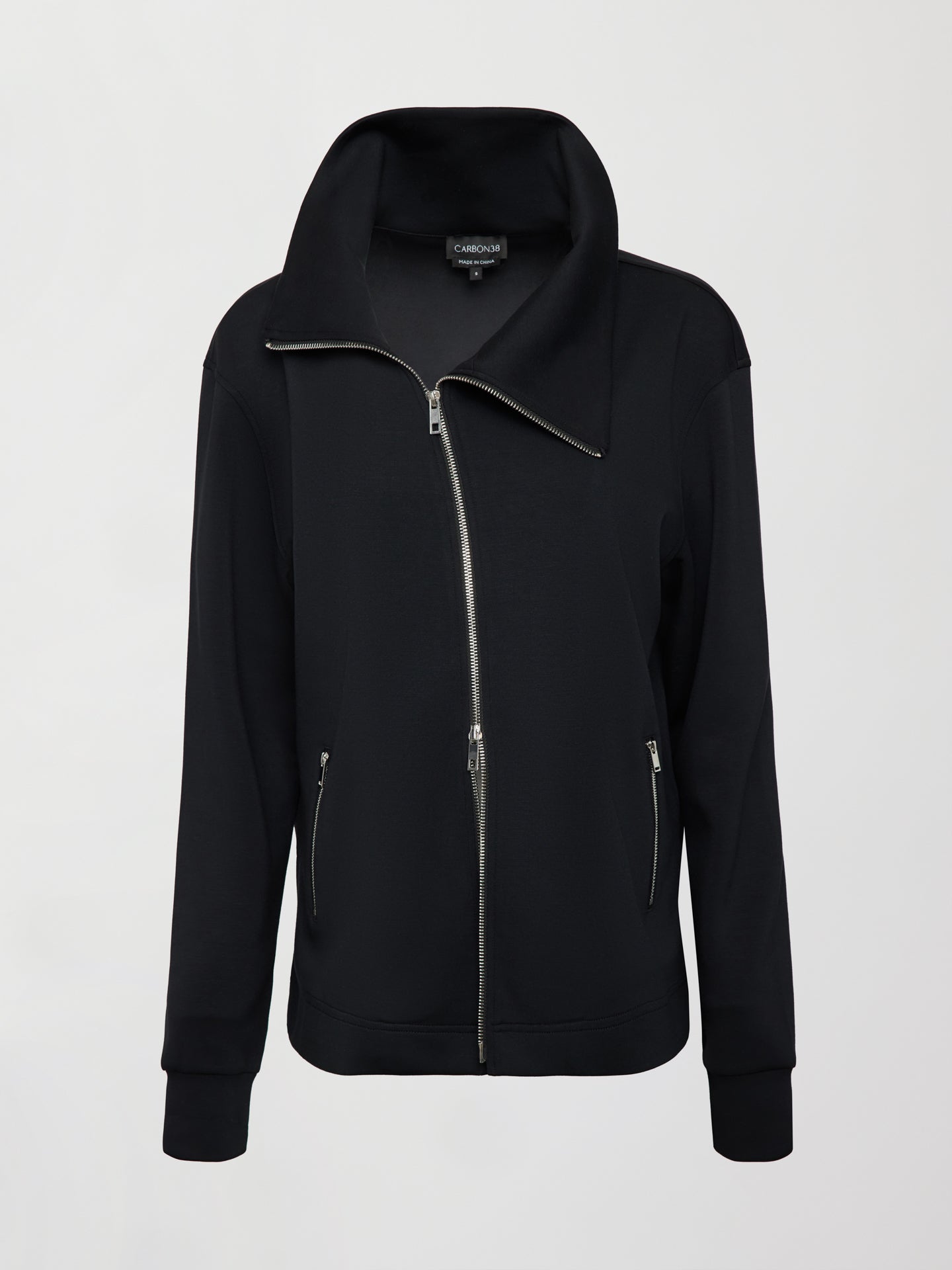 Carbon38 Knit Jacket with Asymmetrical Zip in Interlock - Black
