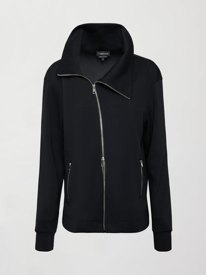 Carbon38 Knit Jacket with Asymmetrical Zip in Interlock - Black