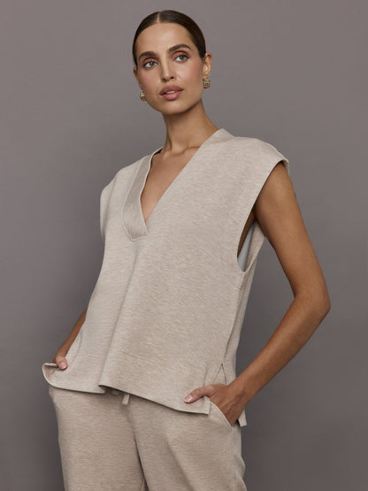 Carbon38 V Neck Knit Vest in Interlock - Taupe Heather