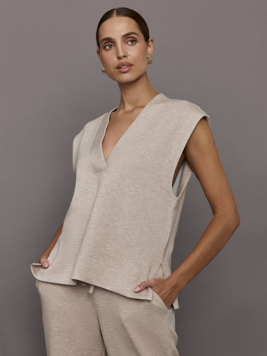 Carbon38 V Neck Knit Vest in Interlock - Taupe Heather