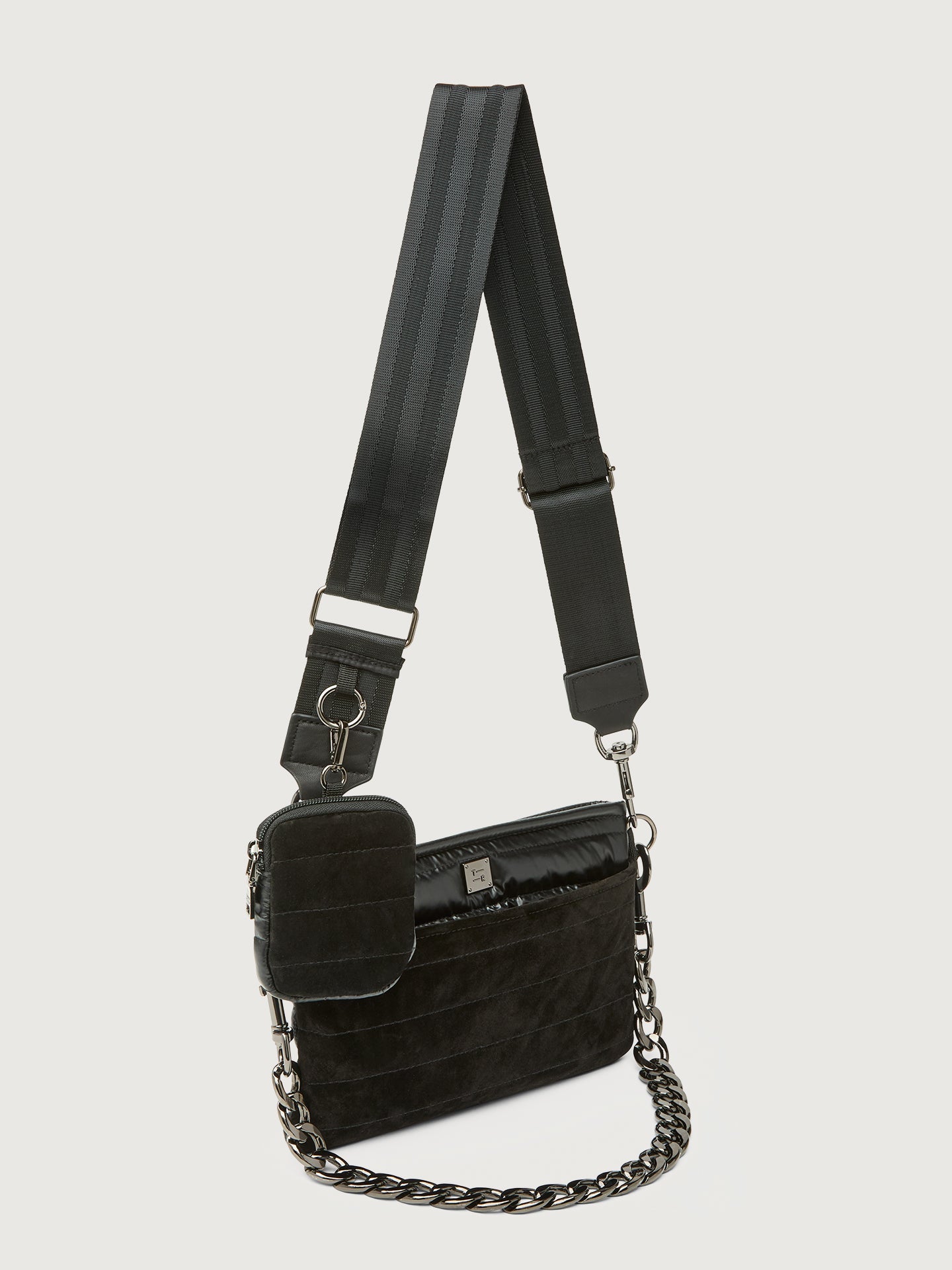 Carbon38 Downtown Crossbody - Black Suede & Pearl Black/Black Web Gunmetal Hard