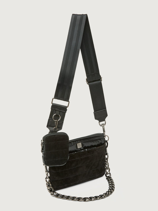 Carbon38 Downtown Crossbody - Black Suede & Pearl Black/Black Web Gunmetal Hard
