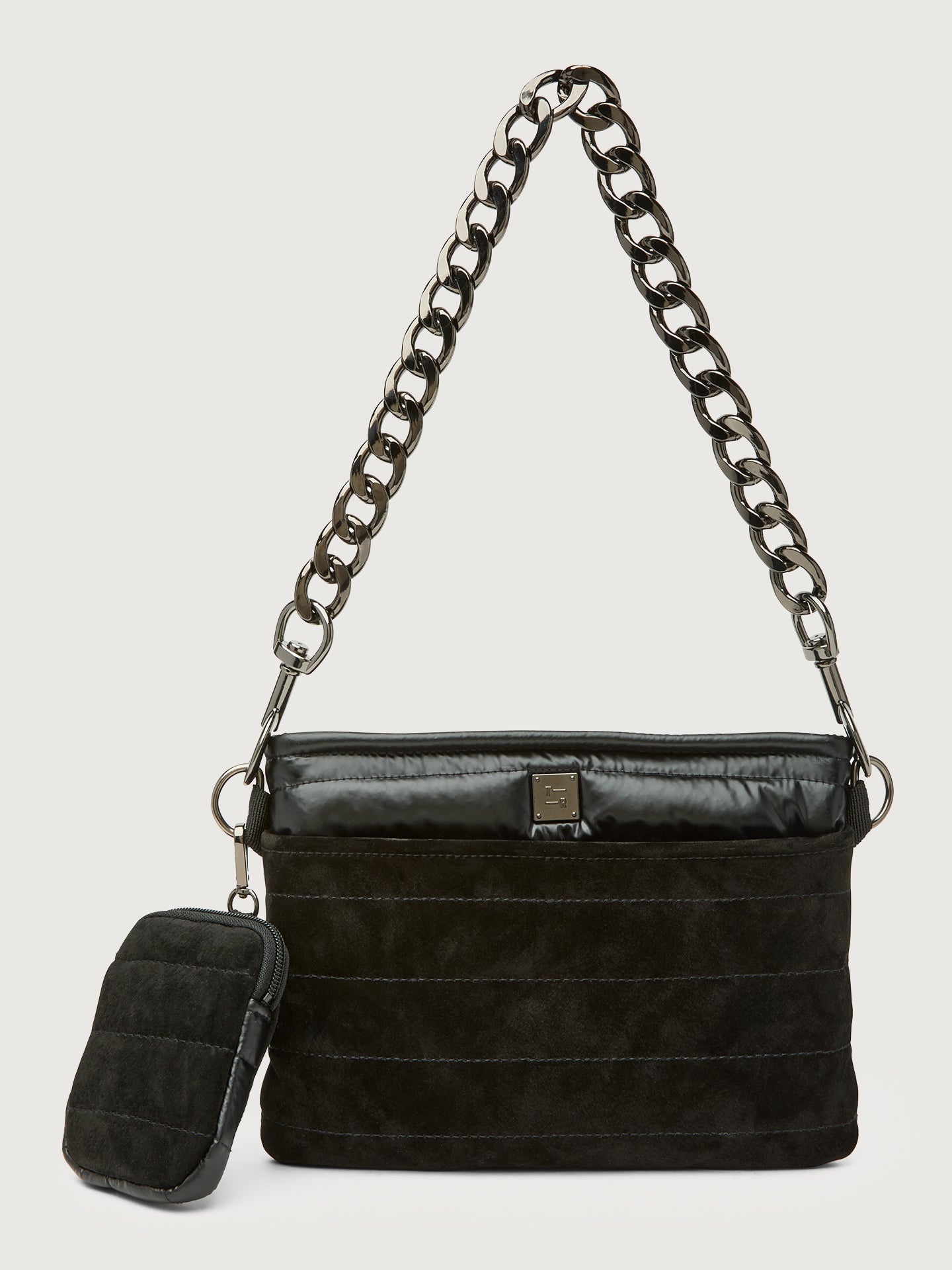 Carbon38 Downtown Crossbody - Black Suede & Pearl Black/Black Web Gunmetal Hard