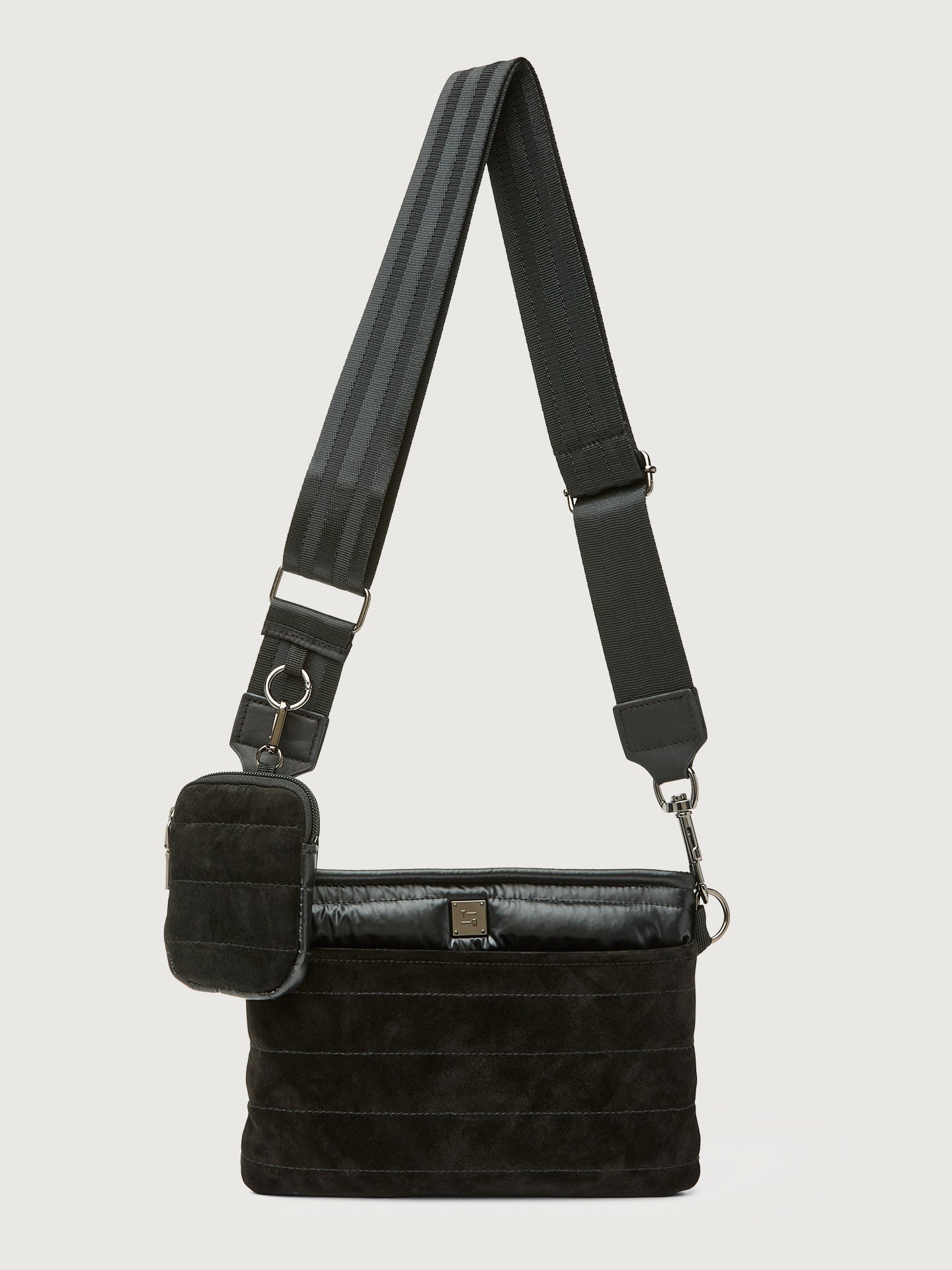 Carbon38 Downtown Crossbody - Black Suede & Pearl Black/Black Web Gunmetal Hard