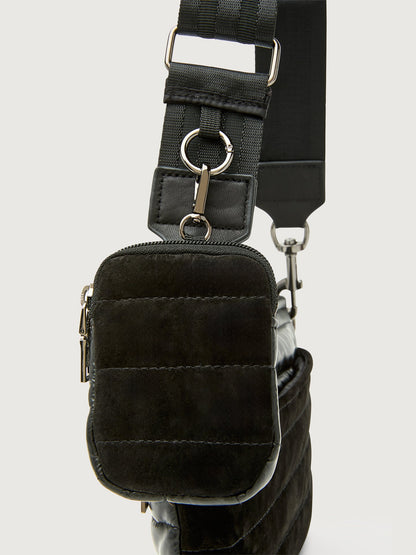Carbon38 Downtown Crossbody - Black Suede & Pearl Black/Black Web Gunmetal Hard