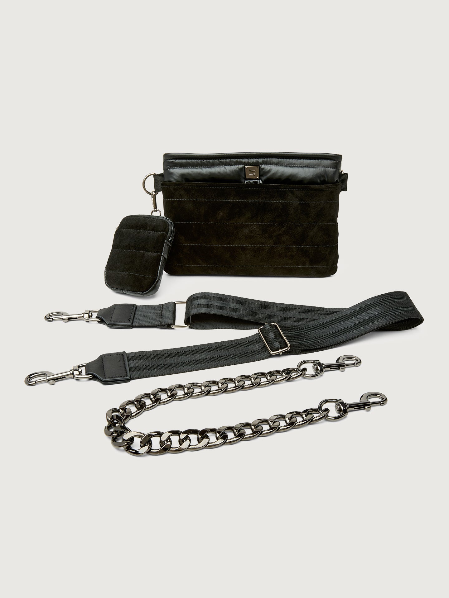 Carbon38 Downtown Crossbody - Black Suede & Pearl Black/Black Web Gunmetal Hard