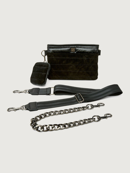 Carbon38 Downtown Crossbody - Black Suede & Pearl Black/Black Web Gunmetal Hard