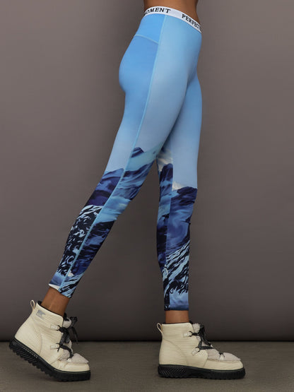 Carbon38 Printed Base Layer Leggings - Ski Lift Blue