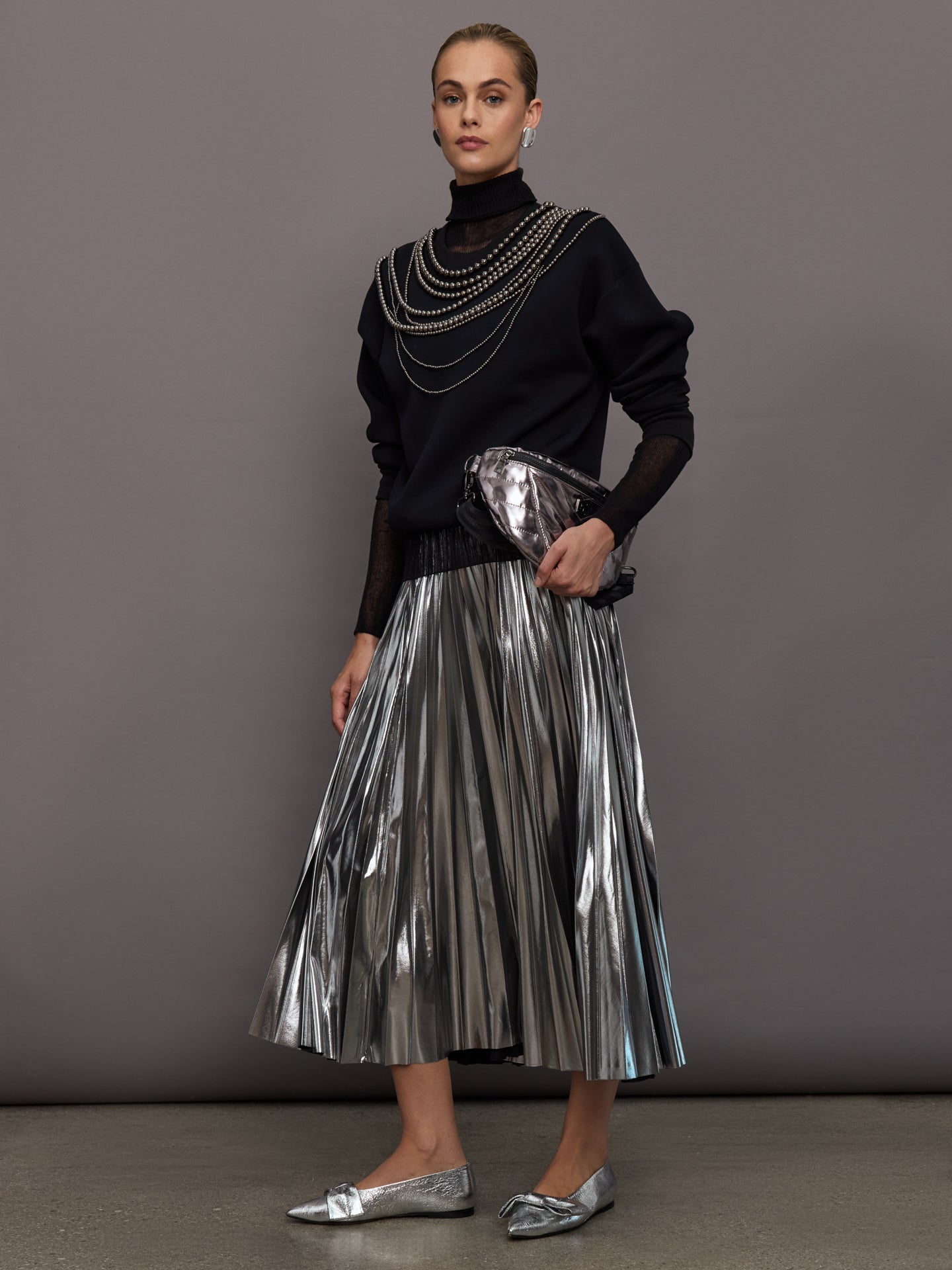 Carbon38 Metallic Pleated Skirt - Silver