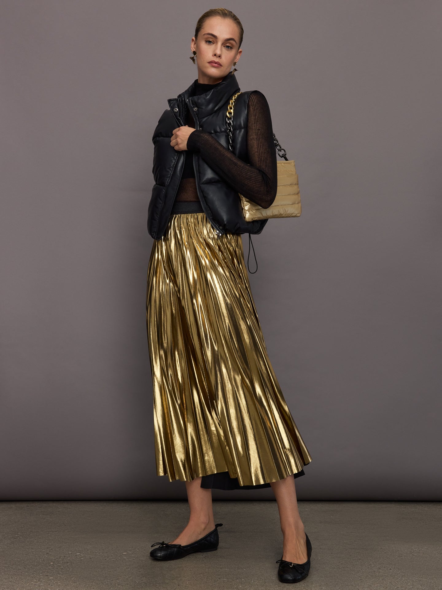 Carbon38 Metallic Pleated Skirt - Gold
