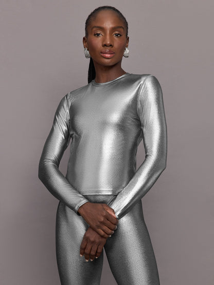Carbon38 Liquid Metallic Long Sleeve Top - Metallic Silver