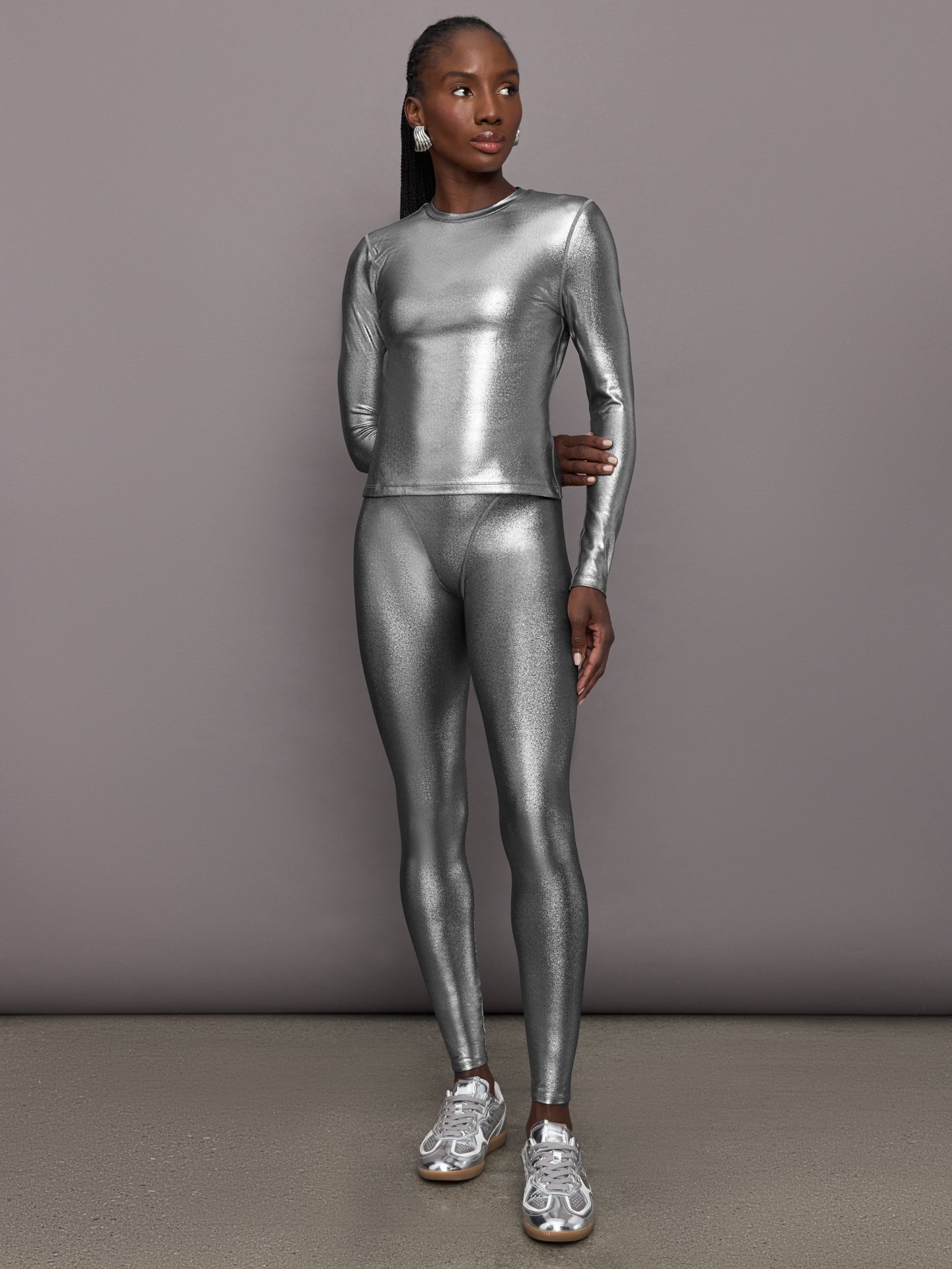 Carbon38 Liquid Metallic Long Sleeve Top - Metallic Silver