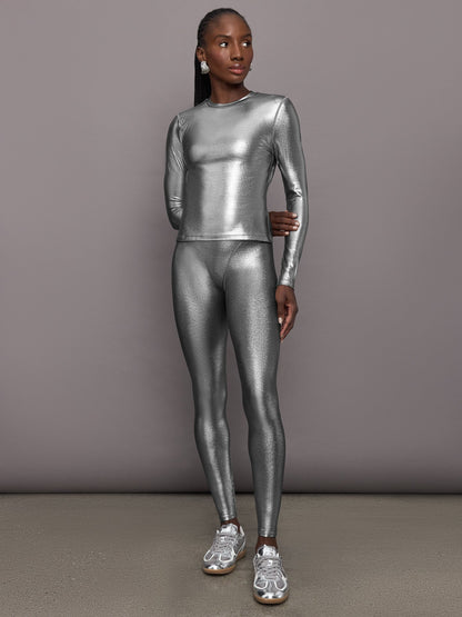 Carbon38 Liquid Metallic Long Sleeve Top - Metallic Silver