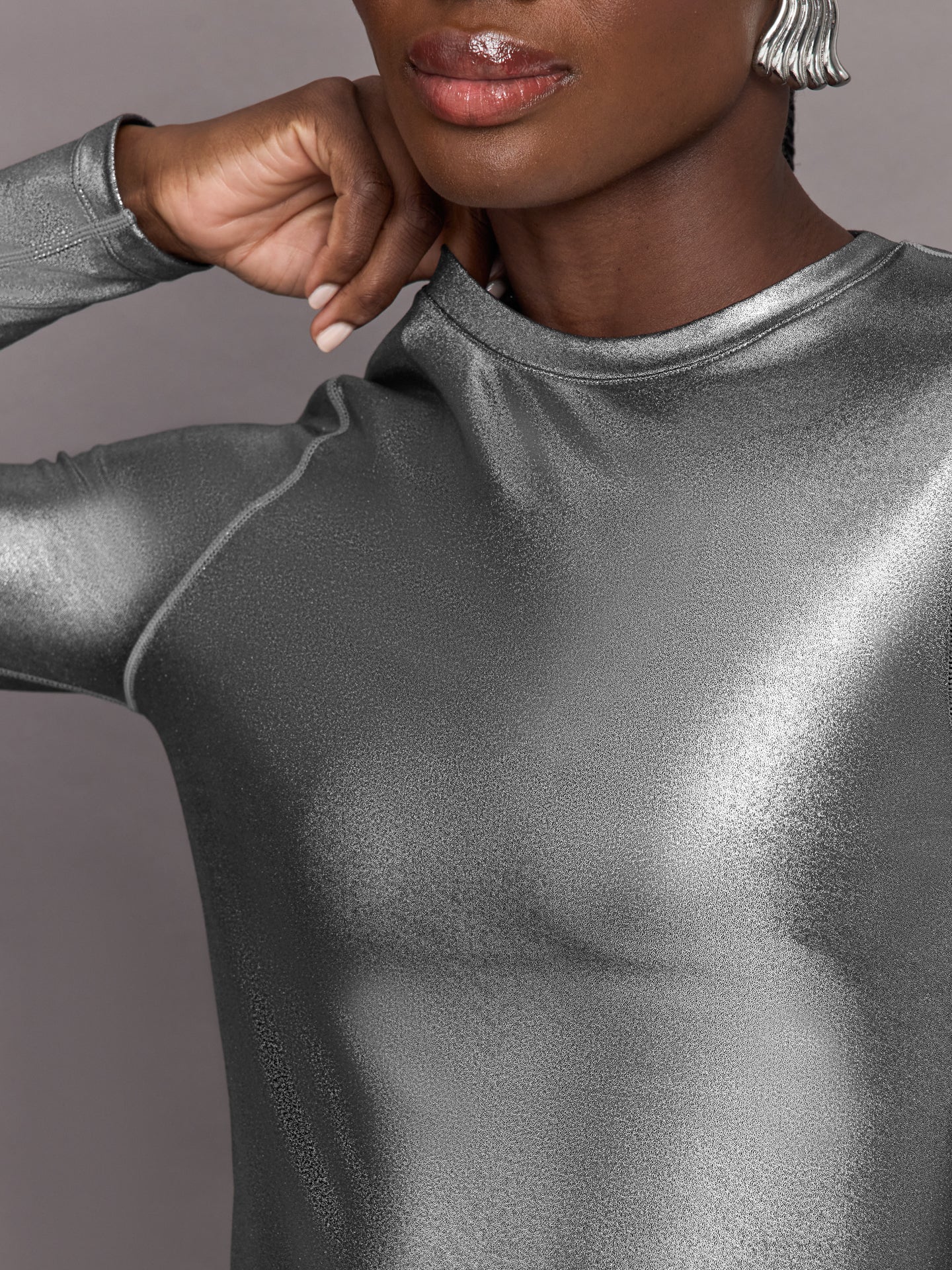 Carbon38 Liquid Metallic Long Sleeve Top - Metallic Silver