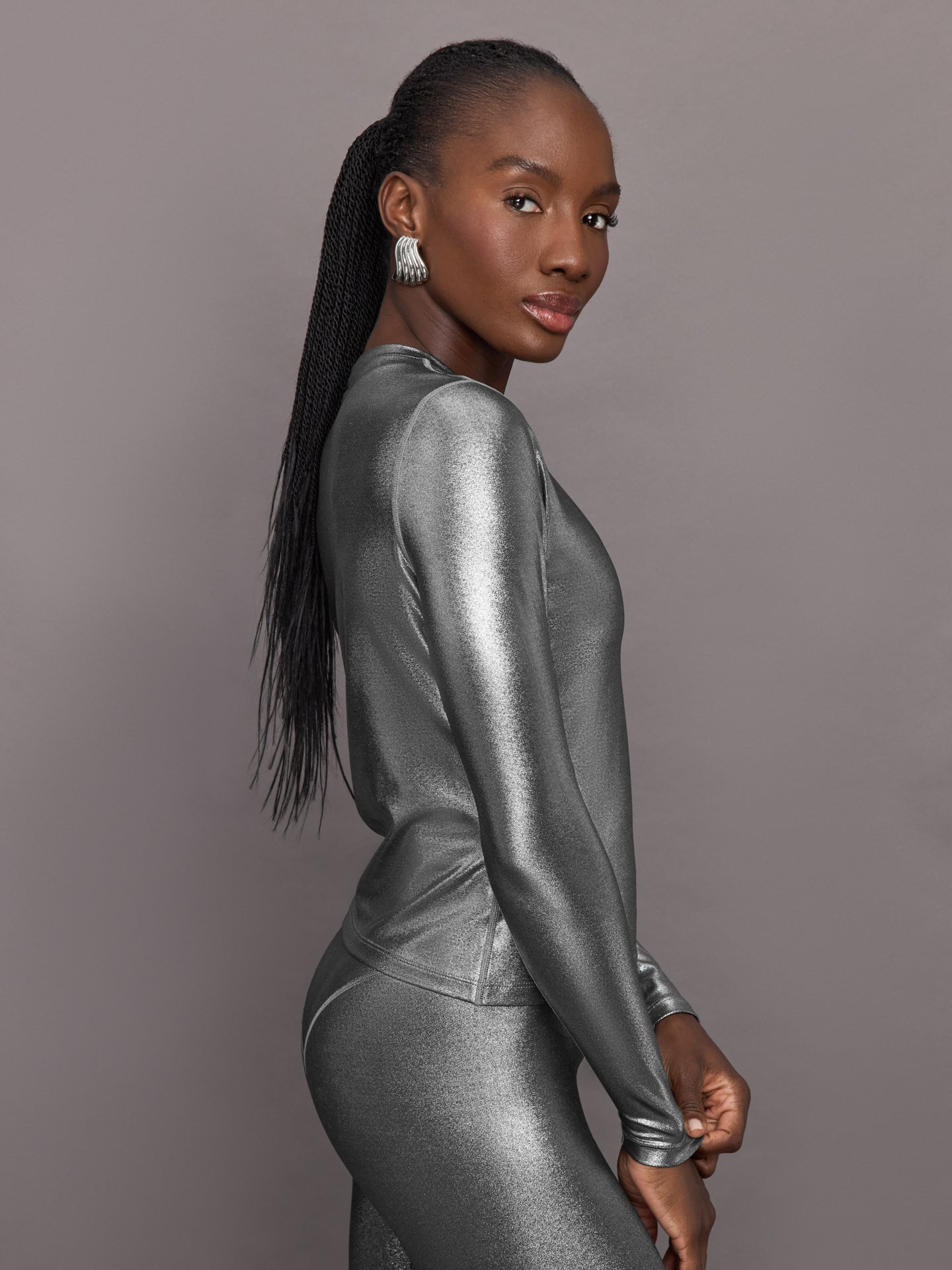 Carbon38 Liquid Metallic Long Sleeve Top - Metallic Silver