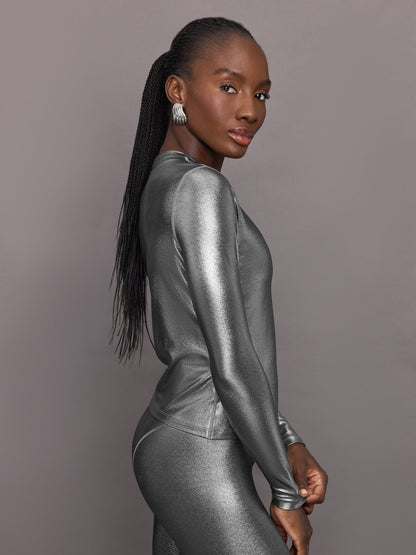 Carbon38 Liquid Metallic Long Sleeve Top - Metallic Silver