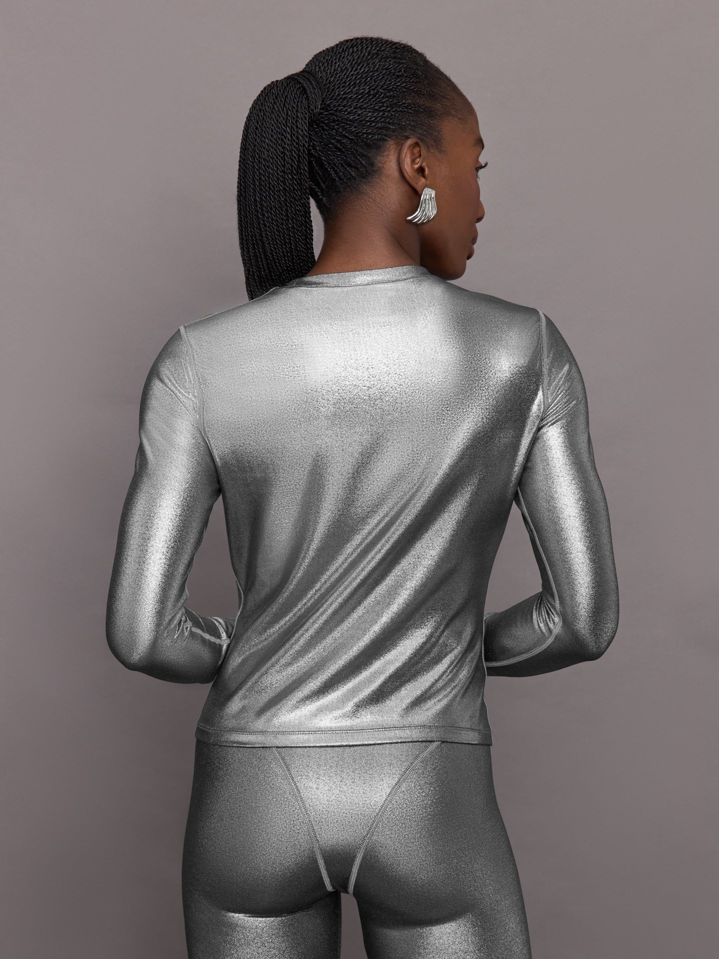 Carbon38 Liquid Metallic Long Sleeve Top - Metallic Silver