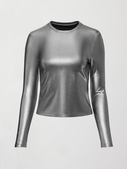 Carbon38 Liquid Metallic Long Sleeve Top - Metallic Silver