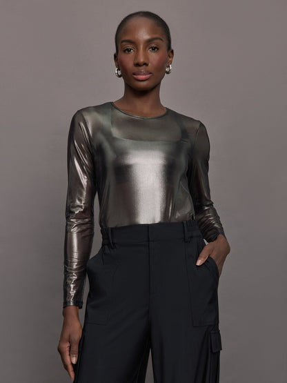 Carbon38 Silver Mesh Long Sleeve Top - Grey Mesh
