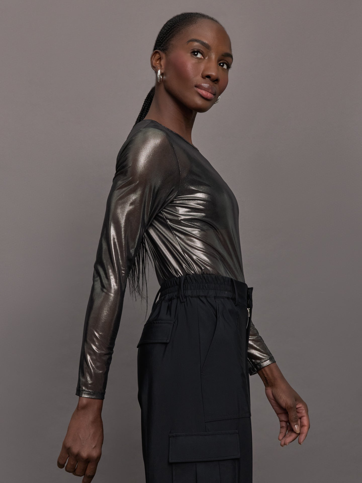 Carbon38 Silver Mesh Long Sleeve Top - Grey Mesh