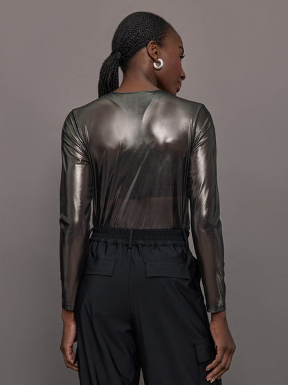 Carbon38 Silver Mesh Long Sleeve Top - Grey Mesh
