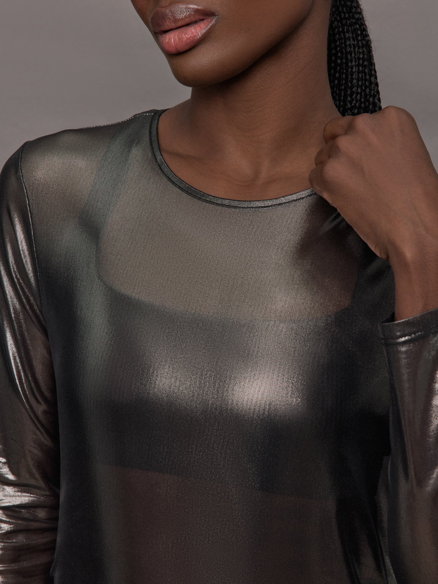Carbon38 Silver Mesh Long Sleeve Top - Grey Mesh