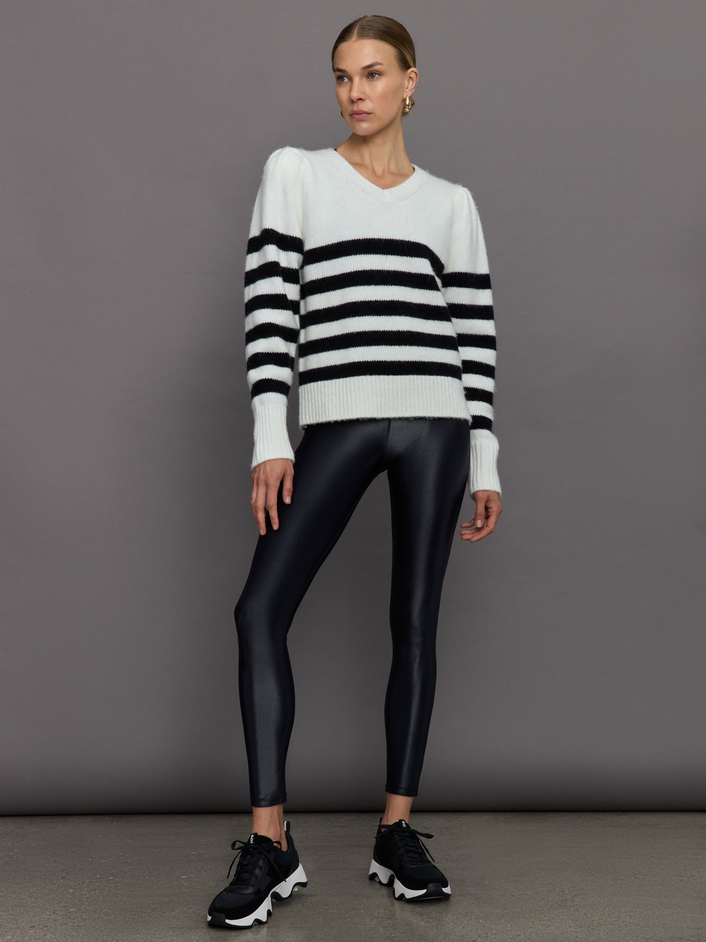 Carbon38 Striped Puff Sleeve Sweater - Cream/ Black
