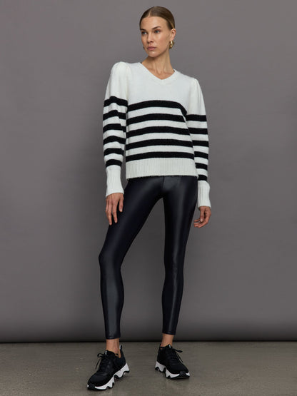Carbon38 Striped Puff Sleeve Sweater - Cream/ Black