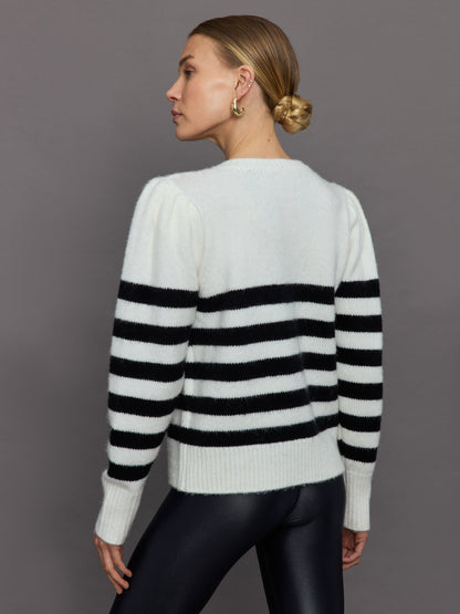 Carbon38 Striped Puff Sleeve Sweater - Cream/ Black